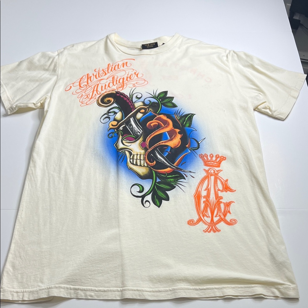 Christian Audigier White Graphic Tee with Orange and Blue Accents